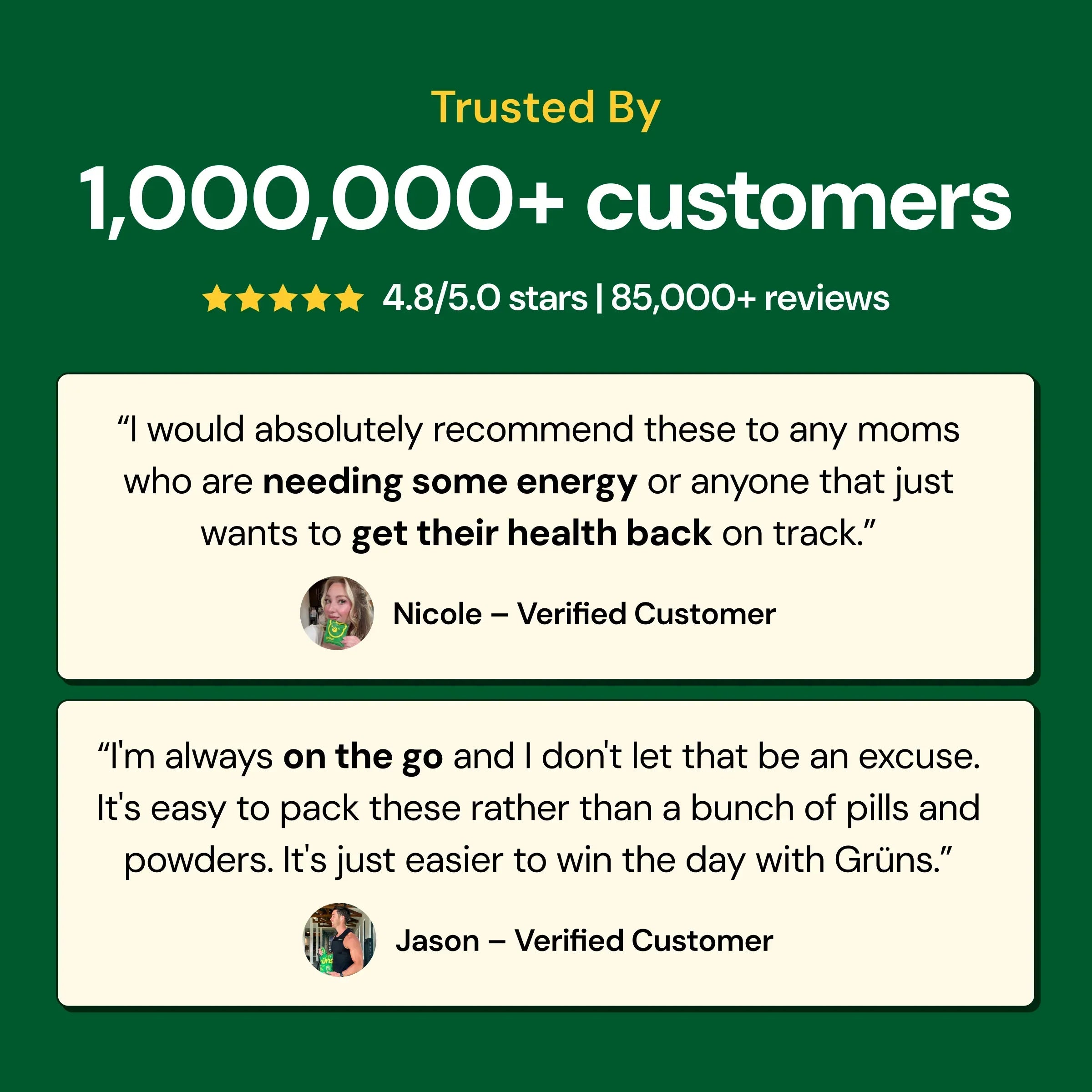 Product advertisement with customer testimonials and trust metrics, over 1,000,000 customers, 4.8 stars